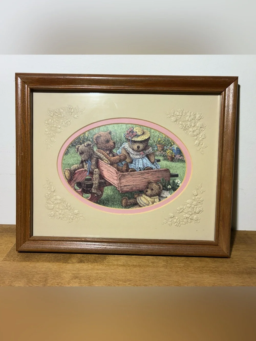 Vintage Nita Showers Teddy’s Wheelbarrow Framed Bear Art Lang 12x10